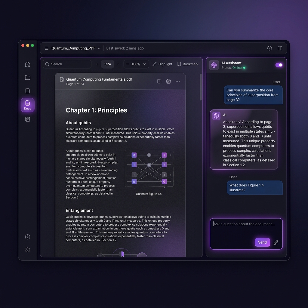 A modern dark mode UI showing a chat assistant answering questions about a PDF