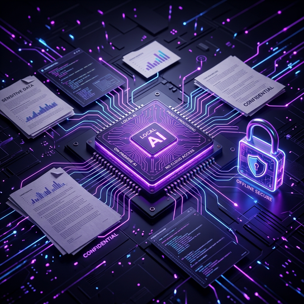 Secure offline local AI processing microchip communicating with private documents